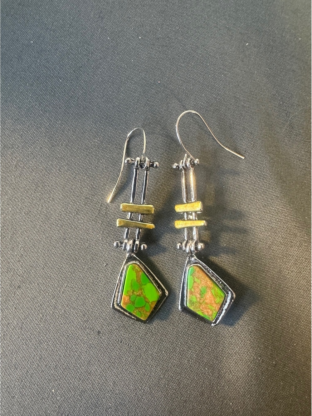 Silver Green and Peach Geometric Kite Shaped Dangle Earrings